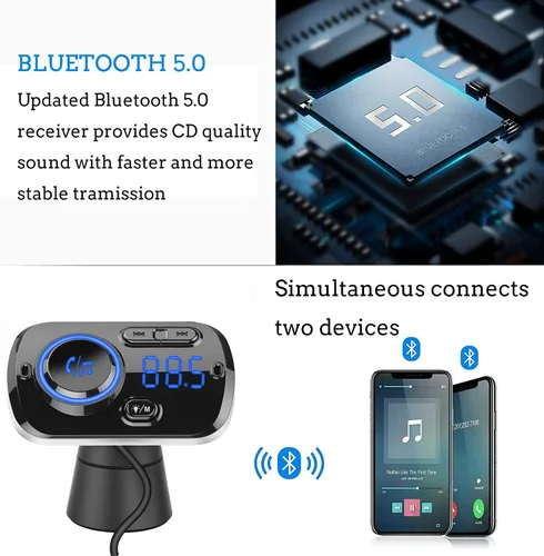 Vista 3 de Transmisor FM Bluetooth 5.0 manos libres kit de coche con carga rápida QC 3.0 adaptador de radio de coche con micrófono CVC reducción de ruido