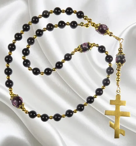 Vista 3 de Handmade Rosary Eastern Orthodox Greek Chotki Black Shell Pearls and Gold Tone Orthodox Cross