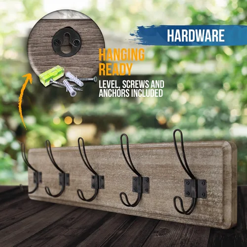 Vista 3 de HBCY Creations Perchero de pared rústico envejecido con 5 ganchos, ganchos de pared de pino macizo de 24 pulgadas para entrada, cuarto de servicio