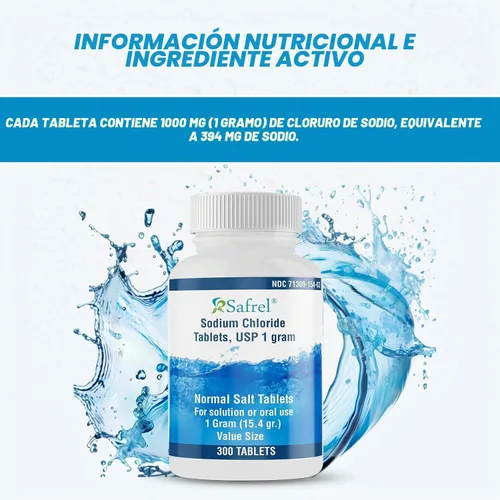 Vista 5 de Safrel Tabletas de cloruro de sodio de 0.04 oz, USP 300 unidades Tabletas de sal normales (0.54 oz) Bebida hidratante reabastecedora