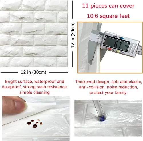 Vista 5 de 11 piezas de paneles de pared 3D de ladrillo falso adhesivo de despegue y pegado, papel tapiz de ladrillo blanco, paneles de pared de espuma