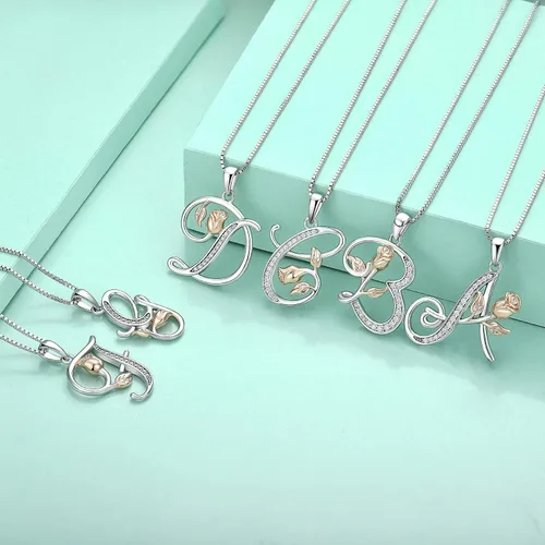 Vista 5 de STARCHENIE Collar con inicial para mujeres y niñas, plata de ley con 26 letras del alfabeto, colgante de flor de rosa, regalos para familiares