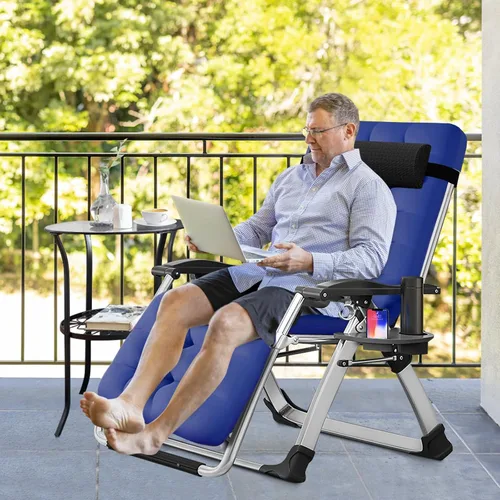 Vista 2 de Slsy Silla de gravedad cero, silla reclinable de salón con cojín y bandeja removibles para interior y exterior, silla reclinable plegable para patio