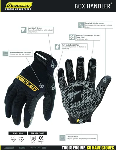 Vista 4 de Ironclad Box Handler - Guantes de trabajo BHG, agarre extremo, ajuste de rendimiento, duraderos, lavables a máquina, (1 par), color negro