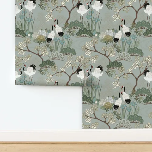 Vista 4 de Spoonflower Crane Chinoiserie - Papel tapiz extraíble para despegar y pegar Rollo de 24 x 72 pulgadas Jardines florales de pájaros y flores