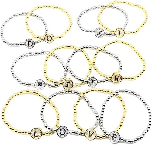 Vista 6 de by you - Pulseras con iniciales para mujer, 26 letras, cuentas redondas del alfabeto, acero inoxidable, oro y plata