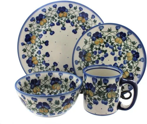 Vista 10 de Blue Rose Polish Pottery - Juego de vajilla de 16 piezas de piña marrón, 4 lugares, juego de vajilla de cerámica, regalo único de Navidad y vajilla