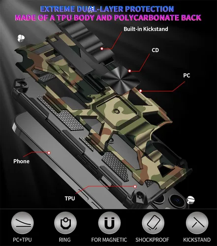 Vista 3 de CCSmall Funda de camuflaje para iPhone 13 Mini, resistente a prueba de golpes, protección de grado militar, soporte magnético integrado, para niños
