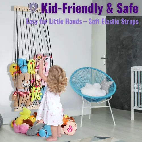 Vista 4 de Almacenamiento de animales de peluche, paquete de 2 unidades de almacenamiento de madera suave para habitación de los niños, montaje en pared