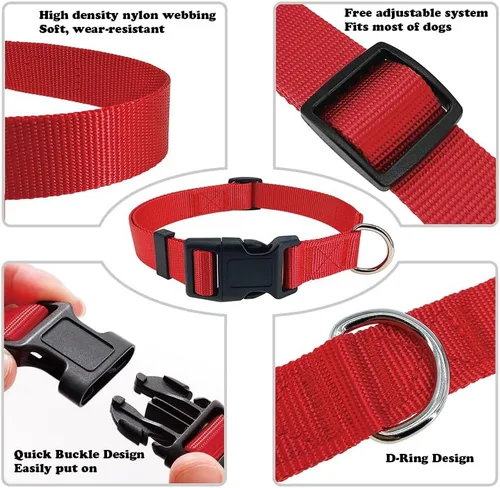 Vista 3 de Collar rojo para perro, collares ajustables básicos para cachorros, pequeños, medianos y grandes, para niñas, con collar de nylon transpirable