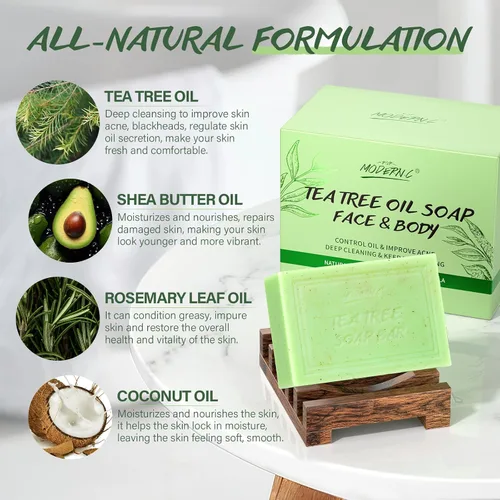Vista 3 de Barra de jabón de aceite de árbol de té para cara y cuerpo, jabones de baño orgánicos naturales, acné, manos, pies, cuerpo, hidratante, desodorante
