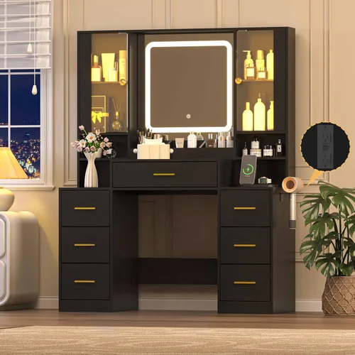Vista 15 de Escritorio de maquillaje con espejo y luces, tocador negro de 43 pulgadas con parte superior de cristal, almacenamiento de joyas, 3 cajones