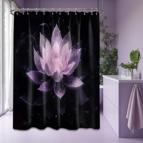 Vista 13 de Cortina de ducha con flores de loto negro y azul para decoración de baño, juego de cortinas decorativas de baño con estampado floral, tela