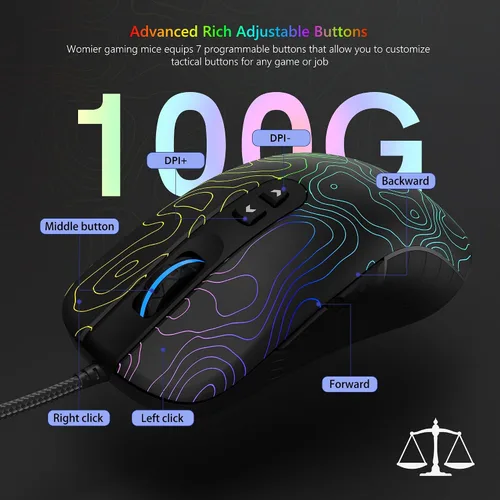 Vista 5 de Womier Ratón para juegos con cable, mouse de computadora RGB de 12800 DPI topográfico con 7 botones programables y 7 modos retroiluminados, software