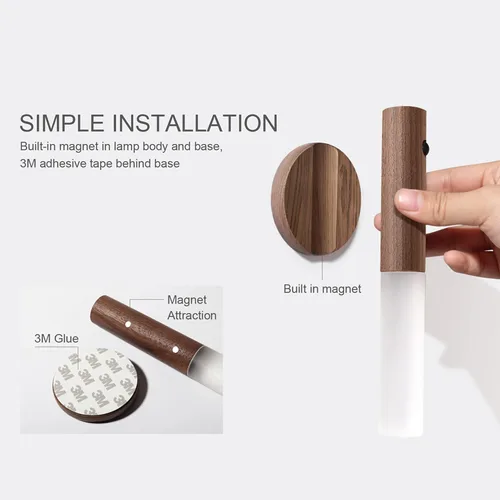 Vista 3 de Luz nocturna con sensor de movimiento, sensor de cuerpo magnético LED recargable para pasillo, escalera, aplique de pared de madera portátil