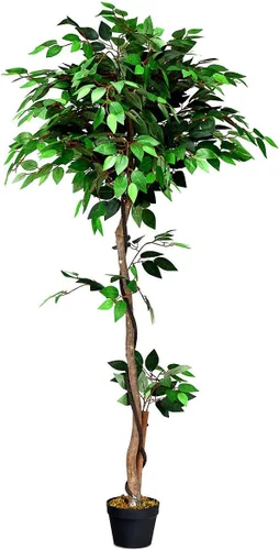 Vista 9 de Goplus Árbol de seda artificial de ficus de 4 pies, árbol falso en maceta con hojas verdes y tronco natural, sin mantenimiento, planta sintética