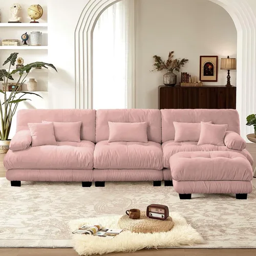 Vista 60 de Reposapiés Otomano Tapizado de Terciopelo con Cojín para Sofá Seccional Sofá 300 libras para Sala de Estar (Beige)