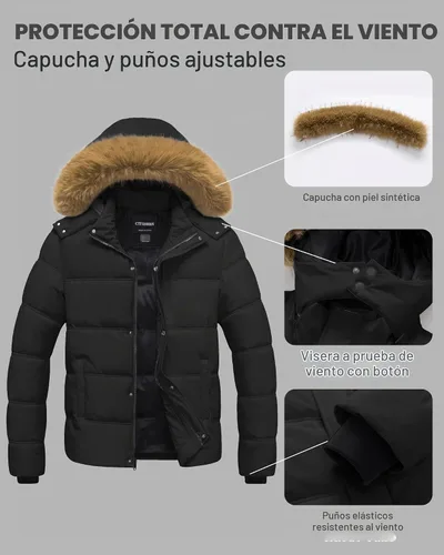 Vista 4 de Chaqueta acolchada para hombre, abrigo de invierno con capucha de piel, impermeable y resistente al viento, forro polar, 4 bolsillos Negro