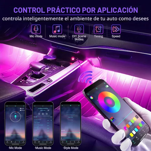 Vista 4 de Luces Interiores de Acento para Auto, Luces Interiores Inteligentes para Auto con Control de Aplicación, Luces LED RGB con Modo de Música y Modo