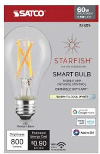 Vista 5 de Satco S11274 Starfish WiFi-Control A19 Bombilla LED inteligente blanca sintonizable, 7.5 vatios, 2200K-5000K
