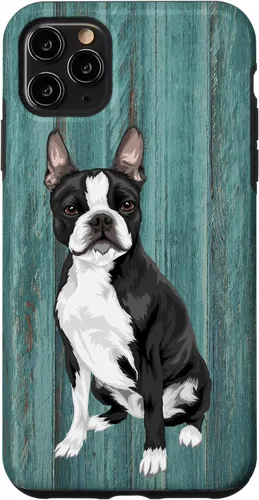 Vista 13 de Boston Terrier Faux Blue Wood Background Case for iPhone 17