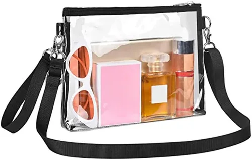 Vista 7 de Bolsa transparente para eventos de estadio, bolsa cruzada transparente de PVC transparente, bolso impermeable transparente con correa ajustable