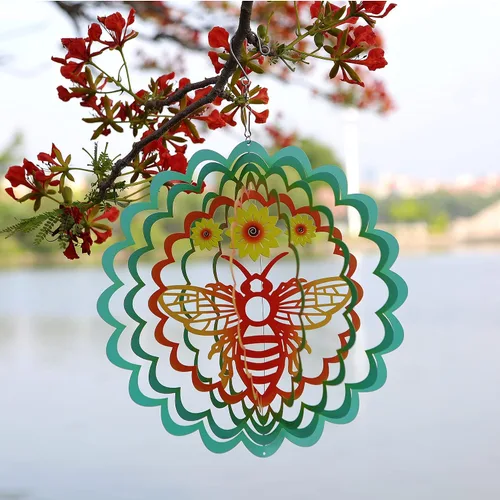 Vista 4 de Kinetic - Adorno colgante de metal 3D con diseño de abeja y viento para el hogar y el jardín, diseño de mandala de abeja de 12 pulgadas, molinos