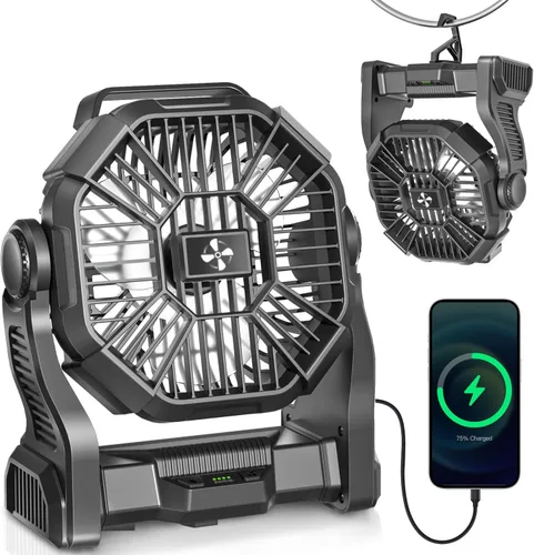 Vista 6 de AEscod Camping Fan Rechargeable, Cordless Battery Powered Camping Fan with LED Lantern, Hanging Hook, 270°Rotation, Personal Battery Operated for