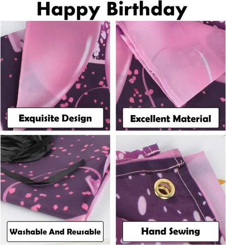Vista 2 de pancarta grande rosa con texto en inglés “Happy Birthday