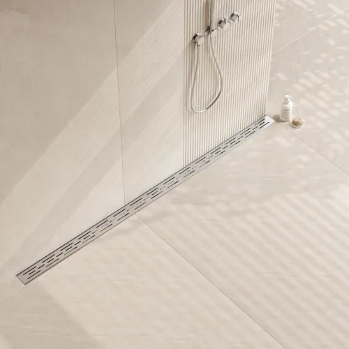 Vista 13 de Neodrain - Drenaje lineal rectangular de 24 pulgadas de latón cepillado con rejilla de patrón de ladrillo, drenaje de piso de baño de acero