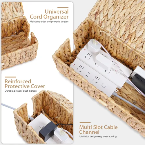 Vista 5 de Caja de organización de cables con tapas, organizador de cables de ratán tejido a mano con ranuras abiertas, caja organizadora de escritorio