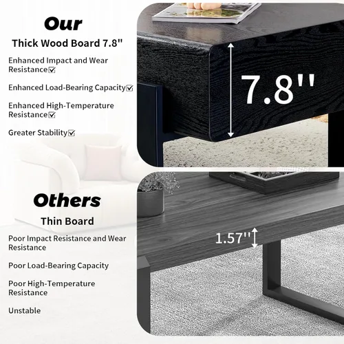 Vista 7 de Mesa de Centro Rectangular de 47.24", Mesa de Centro de Madera con Tablero de 7.8" de Grosor, Patas de Metal, Esquinas Redondeadas para Sala