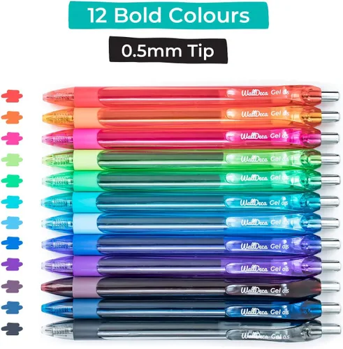 Vista 3 de WallDeca Bolígrafos de gel 12 unidades, punta fina (0.020 pulgadas), varios colores del arco iris, retráctiles, hechos para la escritura diaria