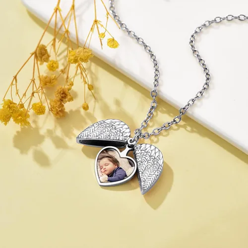 Vista 5 de Supcare Collar personalizado con medallón de alas de ángel con imagen conmemorativa, regalo de recuerdo personalizado para mujeres