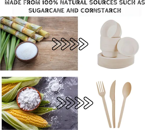 Vista 5 de Juego de 300 platos de papel compostables – Platos biodegradables resistentes, cuencos y cubiertos – Ideal para fiestas, bodas, pícnics, camping
