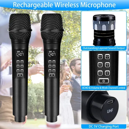 Vista 2 de K28 Micrófono inalámbrico recargable para karaoke con control de volumen y eco y receptor, micrófono dinámico de mano UHF para cantar karaoke habla