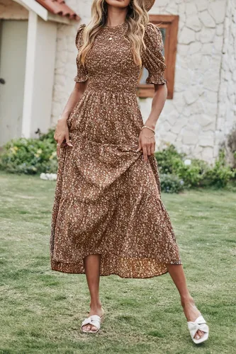 Vista 118 de BTFBM Vestidos para mujer, cuello redondo, casual, de verano, con volantes, manga corta, bohemio, con niveles, fruncido, largo, con estampado floral