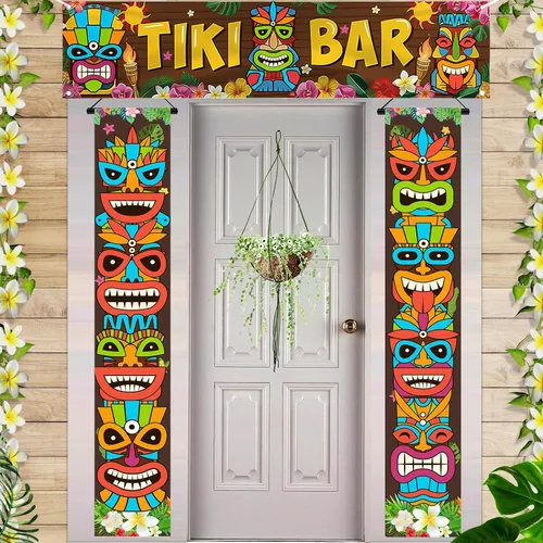 Vista 5 de Luau - Cartel para puerta de tótem Tiki, 3 piezas, pancarta de Tiki para porche, cubierta hawaiana para Aloha Hawaii, Moana tropical, cumpleaños