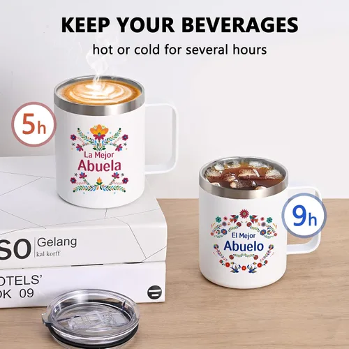 Vista 3 de Qtencas Regalo de Navidad de los abuelos, La Mejor Abuela El Mejor Abuelo Juego de Taza de Café de Acero Inoxidable en Español, Regalo de Navidad