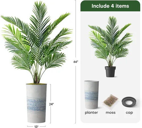 Vista 3 de Árbol artificial en macetero con patrón de línea industrial gris azul, palmera tropical areca artificial de seda para decoración del hogar