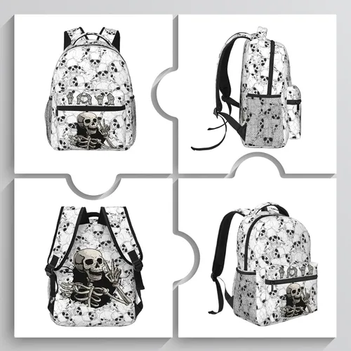 Vista 3 de VIPOIN Mochila para niños, esqueletos de calavera de rock and roll, mochila de Halloween para niños para viajes escolares y actividades al aire