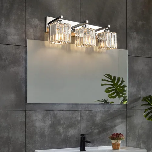 Vista 3 de Moderna lámpara de pared/tocador de baño de cristal, color cromo, de 3 luces Cromo Recto