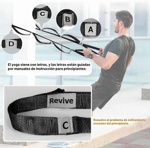 Vista 3 de Correa elástica para yoga, no elástica, con letras y comentarios, 10 bucles para terapia física, ejercicio, pilates, baile, gimnasia
