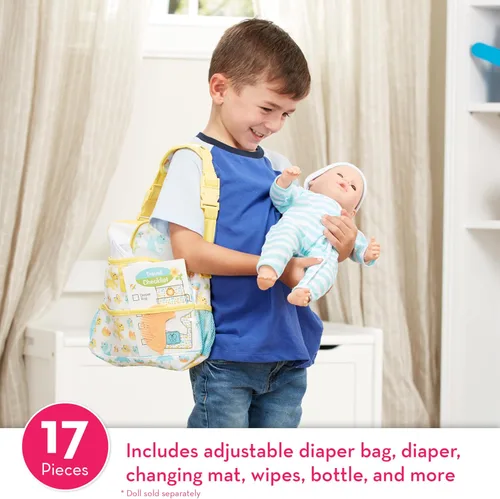 Vista 2 de Melissa & Doug Mine to Love Travel Time Play Set para muñecas con bolsa de pañales, botella, protector solar, más (17 piezas) - Accesorios