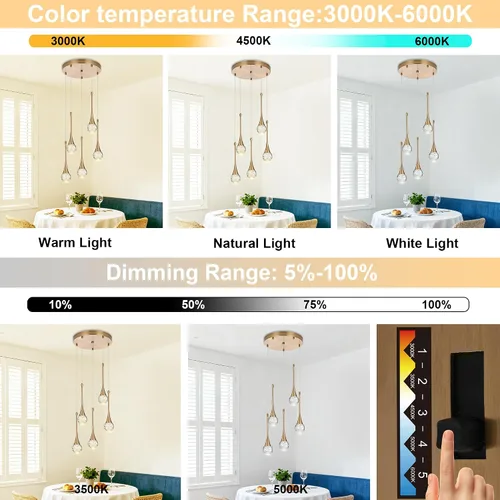 Vista 4 de Candelabro de 5 luces de cristal cepillado dorado, regulable, con forma de gota de lluvia, lámpara colgante en espiral ajustable de lujo