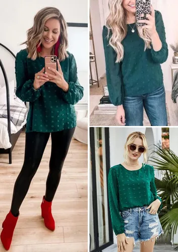 Vista 4 de Blusa de gasa para mujer, diseño de lunares suizos, casual, cuello redondo, manga larga, pompones, espalda con abertura de cerradura