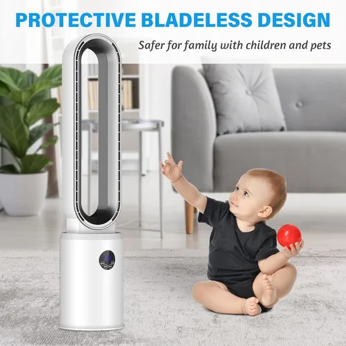 Vista 5 de advwin Ventilador de torre sin aspas con control remoto, ventilador de enfriamiento silencioso con oscilación, 24 velocidades, temporizador de 12
