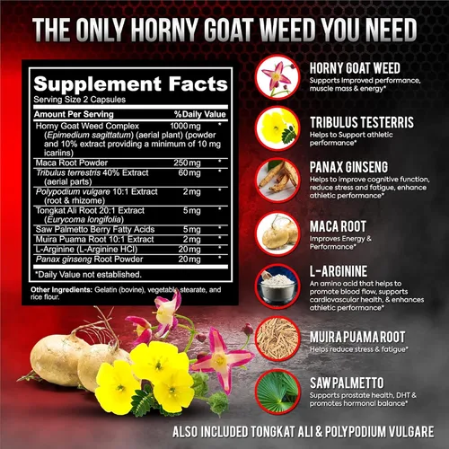 Vista 6 de Cápsulas de hierba de chivo cornudo, muy poderosa, 0.03 onzas, 120 cápsulas con maca, arginina y ginseng, estimula naturalmente aumentar tu salud