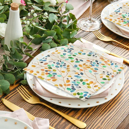 Vista 5 de AnyDesign 100 servilletas de papel de hojas coloridas, ramas de hojas de acuarela, servilletas desechables para almuerzo, postre, cena, servilletas
