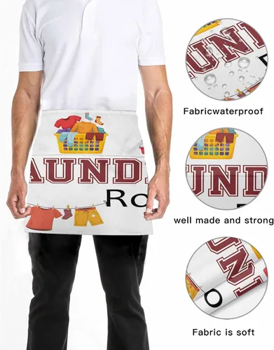 Vista 5 de DecorLovee Laundry Room Waitress Apron with 3 Pockets, Cartoon Washday Washing Machine Clothes Server Aprons